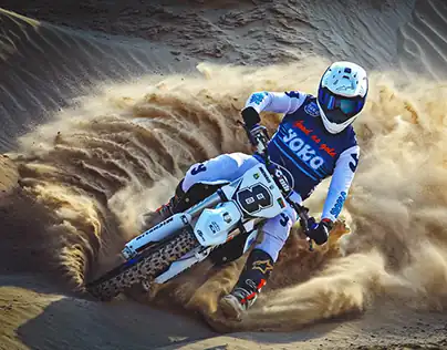 Dubai desert dirt bike rider drifting sand – off-road motocross adventure
