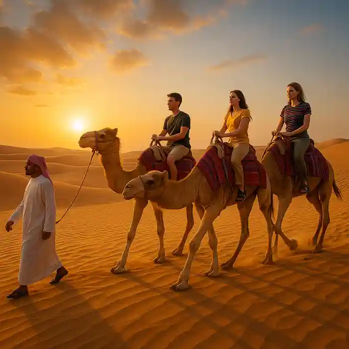 Camel trekking in Dubai desert during golden sunset