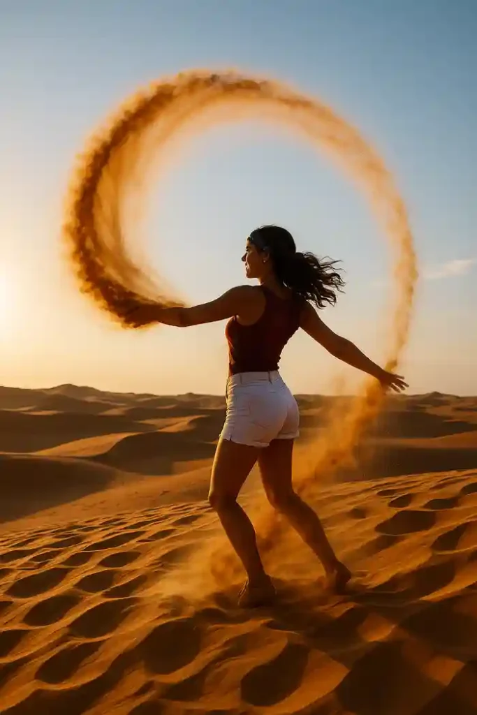 Girl spinning sand in the Dubai desert during sunset