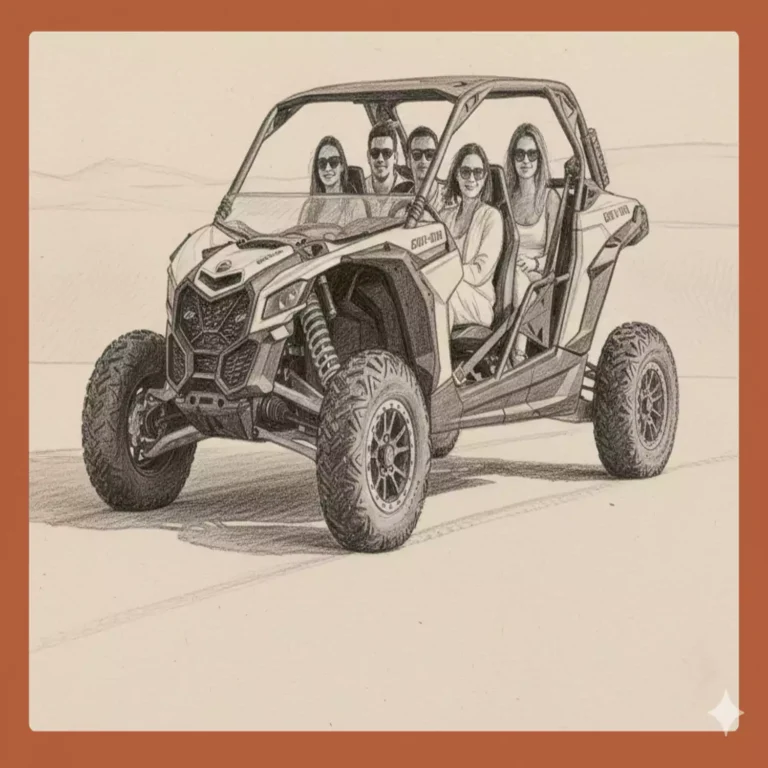 Sketch illustration of a Polaris RZR 4 seater dune buggy with passengers