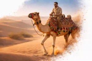 Camel trekking adventure in the Dubai desert with artistic sand-splash masking effect.