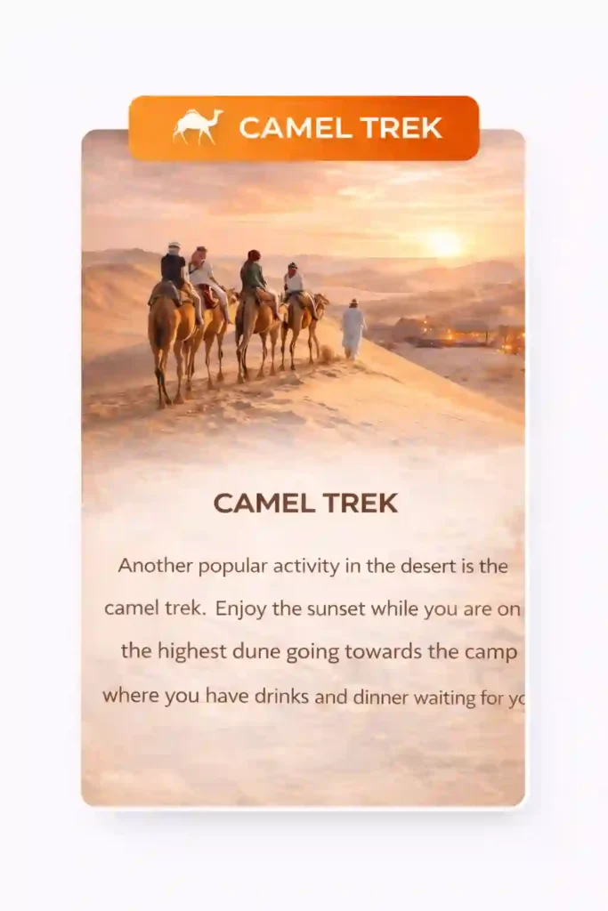 camel trek desert safari card with tourists riding camels at sunset in dubai