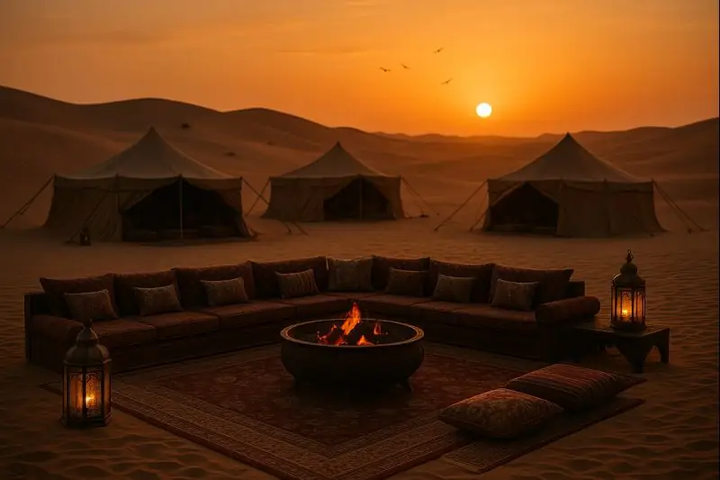 Luxury desert camp seating with firepit at sunset in Dubai desert