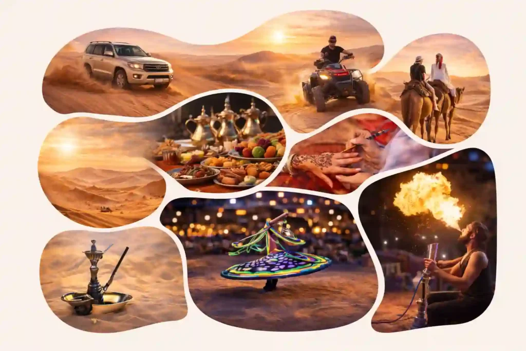 Dubai desert safari collage showing dune bashing, quad biking, camel trekking, Arabic food, henna art, Tanoura dance, fire show and shisha setup.