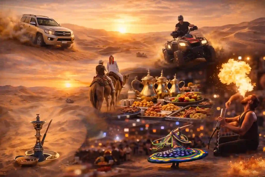 Green dune buggy drifting on desert sand with heavy dust cloud and two helmeted riders