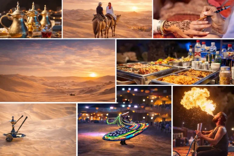 desert safari collage showing camel trek, henna, fire show, dinner buffet, sand dunes and arabic tea in dubai