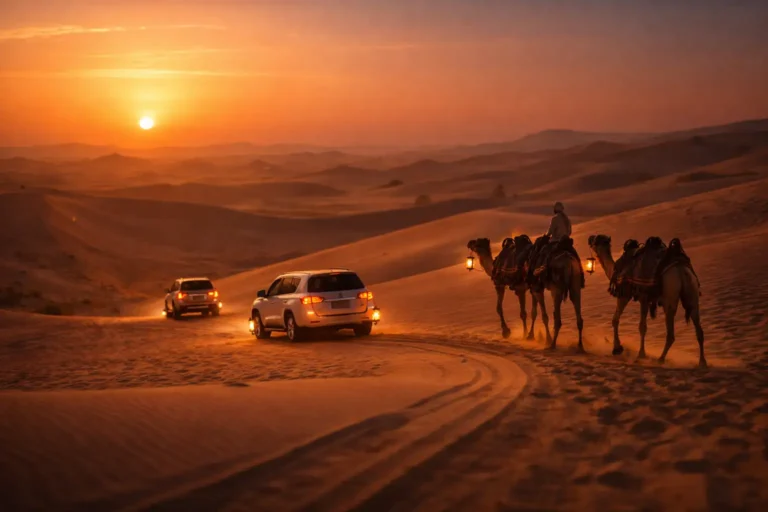Desert safari return at sunset with 4x4 vehicles and camel caravan