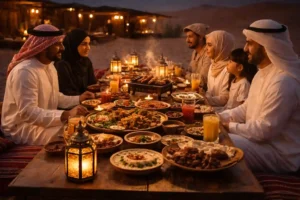 Arab family enjoying a traditional desert dinner with lanterns and Arabic cuisine in an outdoor desert camp.