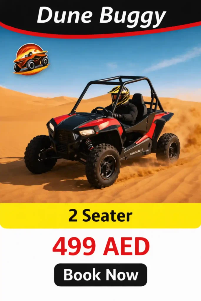 2 seater dune buggy driving through desert sand with booking price poster design