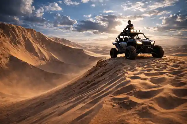 Dune buggy standing on a steep desert dune ridge with dramatic clouds and rider at sunset