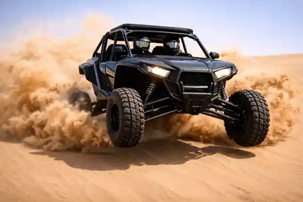Two riders in a dune buggy drifting through desert sand with heavy dust clouds