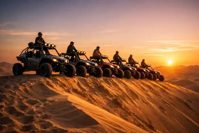 Group of dune buggies lined up on a desert dune ridge at sunset with riders enjoying an off-road adventure