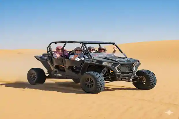 Tourists riding a dune buggy in the desert, smiling and waving during a desert safari