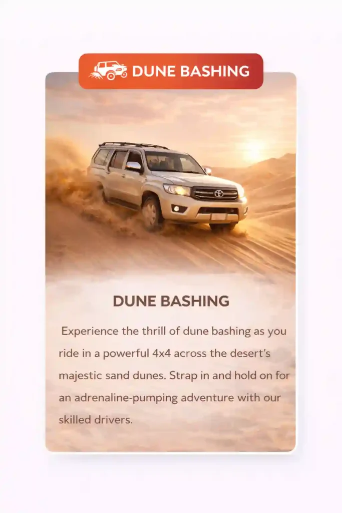dune bashing card with land cruiser driving through sand in dubai desert