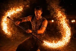Fire dancer performing a powerful flame show during a desert safari night.