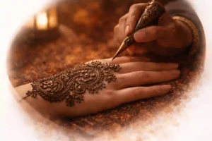 Traditional henna artist applying an intricate mehndi design on a hand during a desert safari experience.