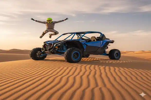 Adventure rider jumping in air beside blue dune buggy on golden desert sand