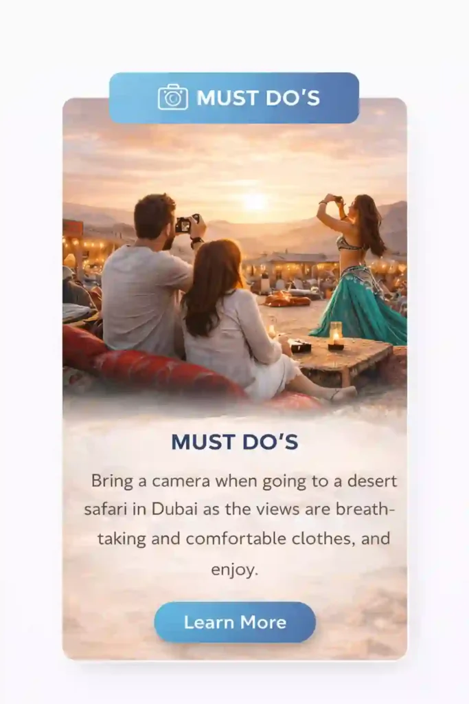 desert safari must do’s card with sunset camp and photography scene dubai