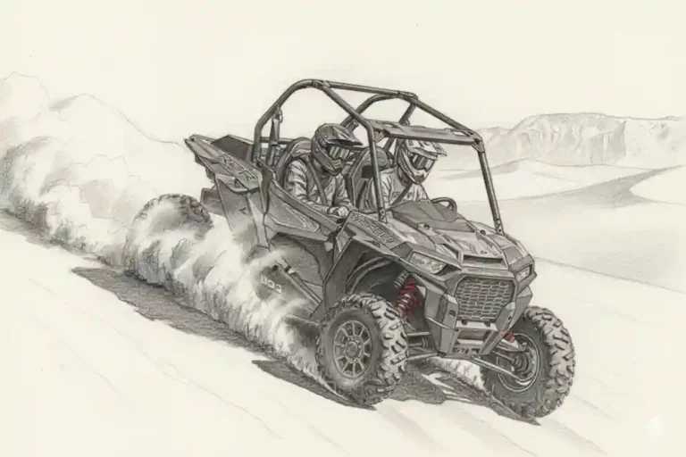 Action sketch of a Polaris RZR dune buggy driving through desert sand