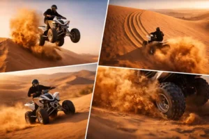 Quad bike adventure collage showing high-speed desert riding and sand trails