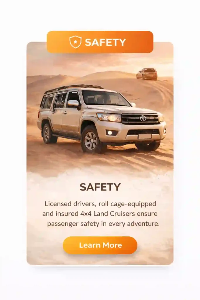 desert safari safety card with land cruiser and safety guidelines