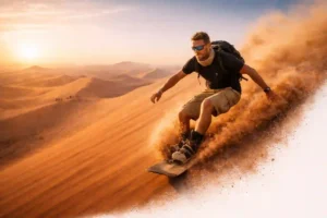 Sandboarding athlete gliding down a desert dune with flying sand at sunset