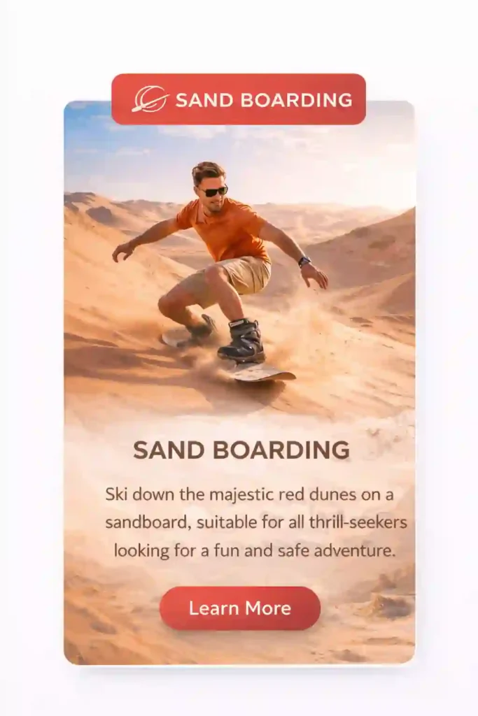 sandboarding card showing tourist riding sandboard on red dunes dubai desert