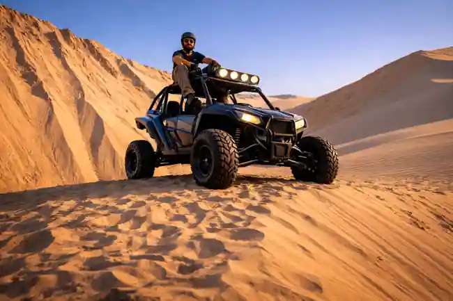 Single dune buggy parked on a high desert sand dune with rider under clear blue sky