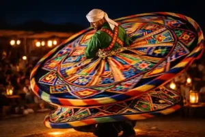 Tanoura dancer performing a colorful traditional spinning dance in a desert camp at night