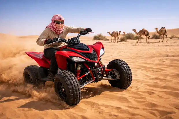 Red quad bike desert safari ride with rider and camels in background